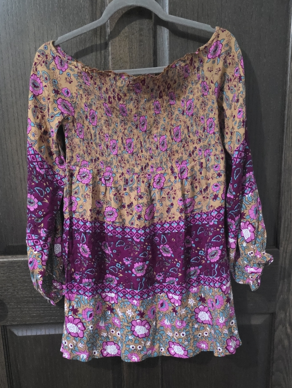 RAGA Purple & Tan Floral Smocked Boho Tunic Dress